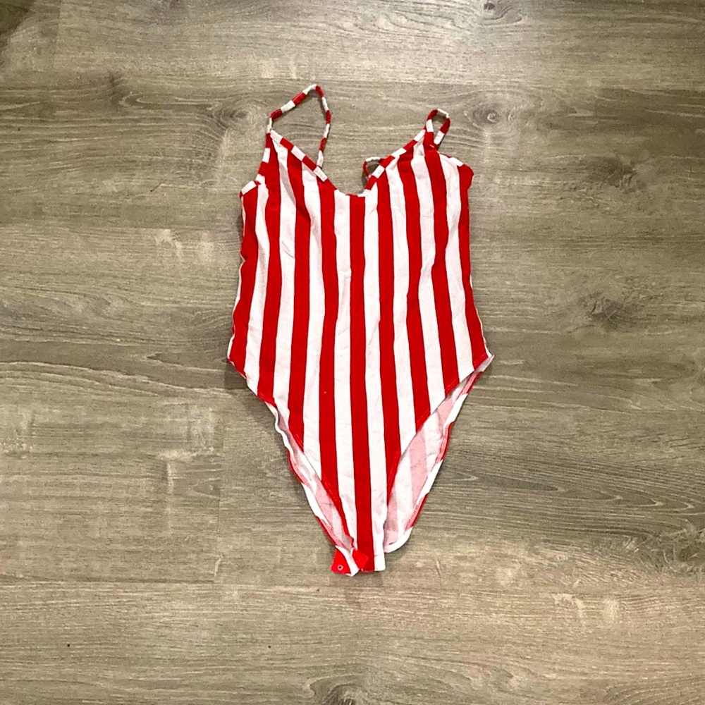 Divided Red and White striped tank bodysuit size small